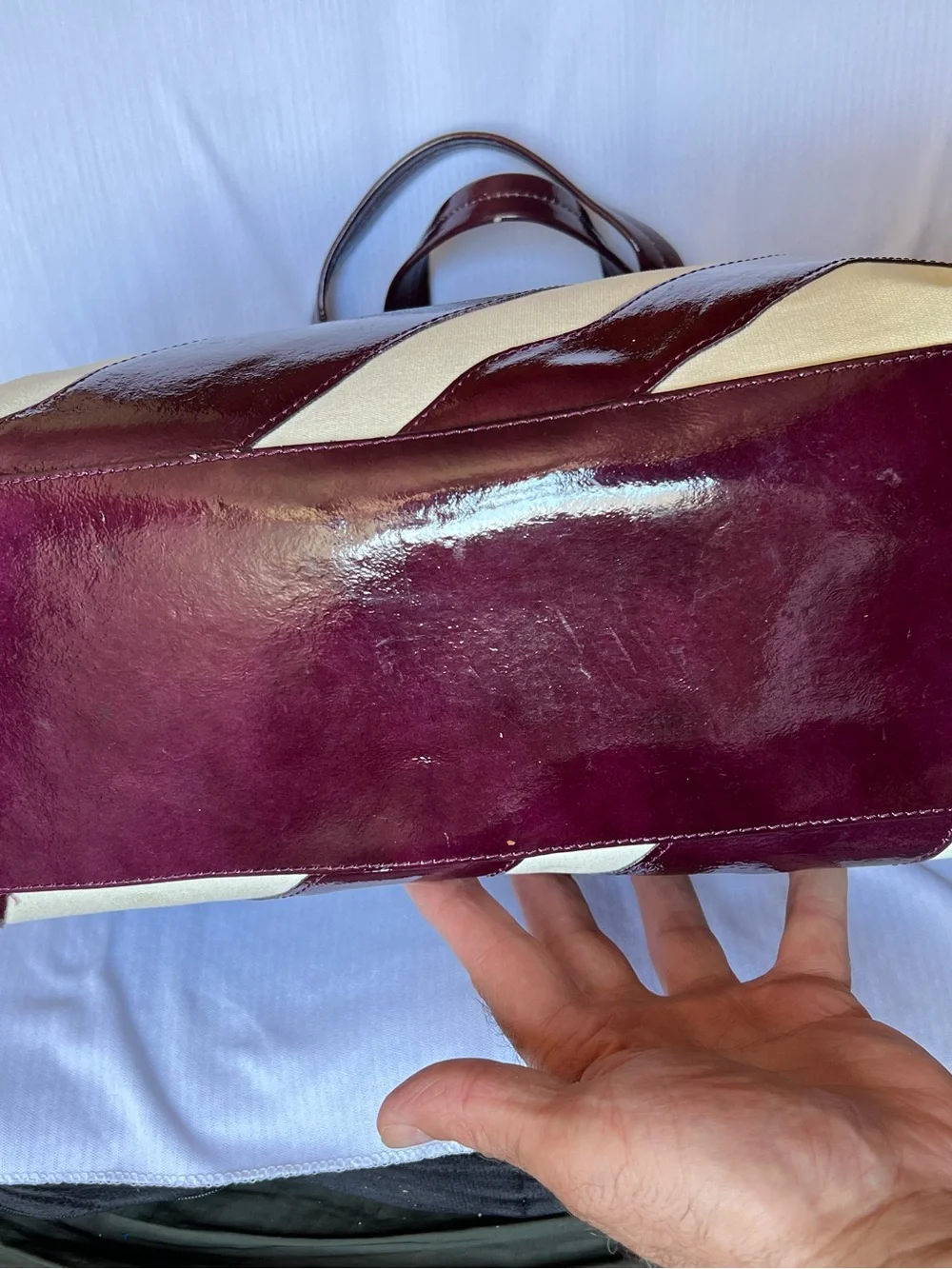 Dooney & Bourke Chiara Large Tote Bag Plum Patent Leather & Cream Stripe